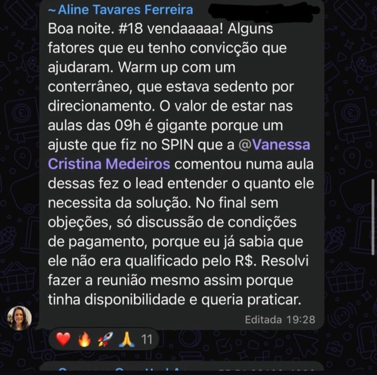 Venda número 18 fechada sem objeções após ajuste no processo