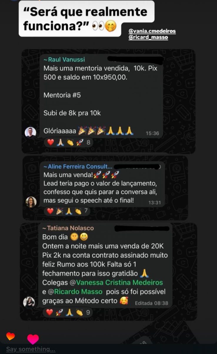 Sequência de mentorias vendidas: 10k, nova venda e contrato de 20k